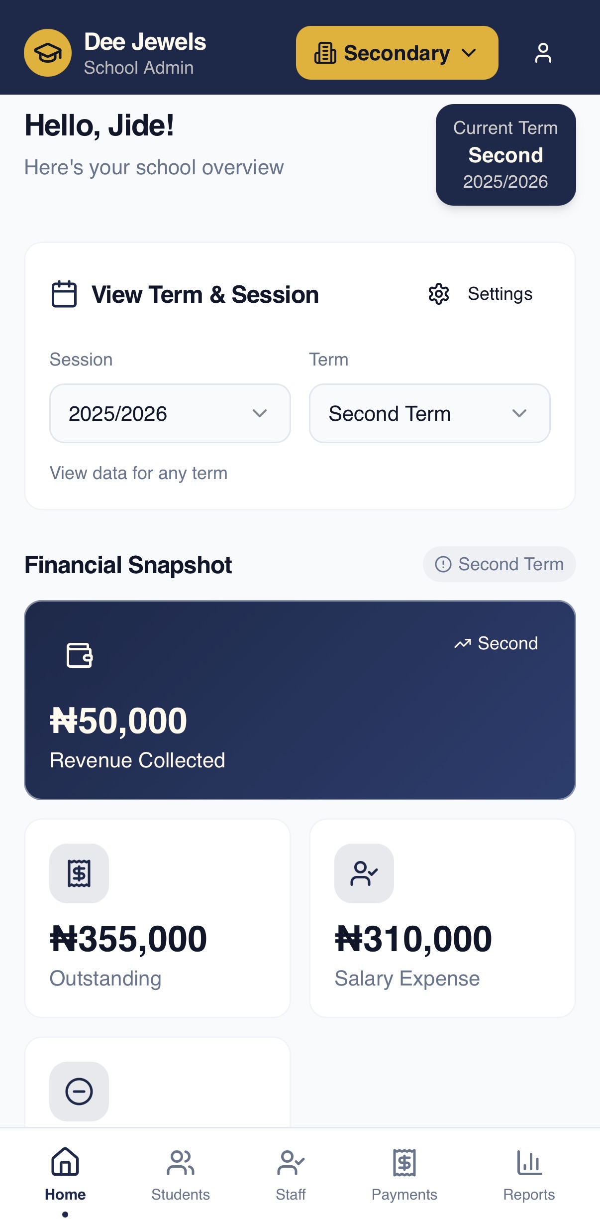 SchoolBoss app dashboard showing financial snapshot, revenue collected, outstanding fees and salary expense